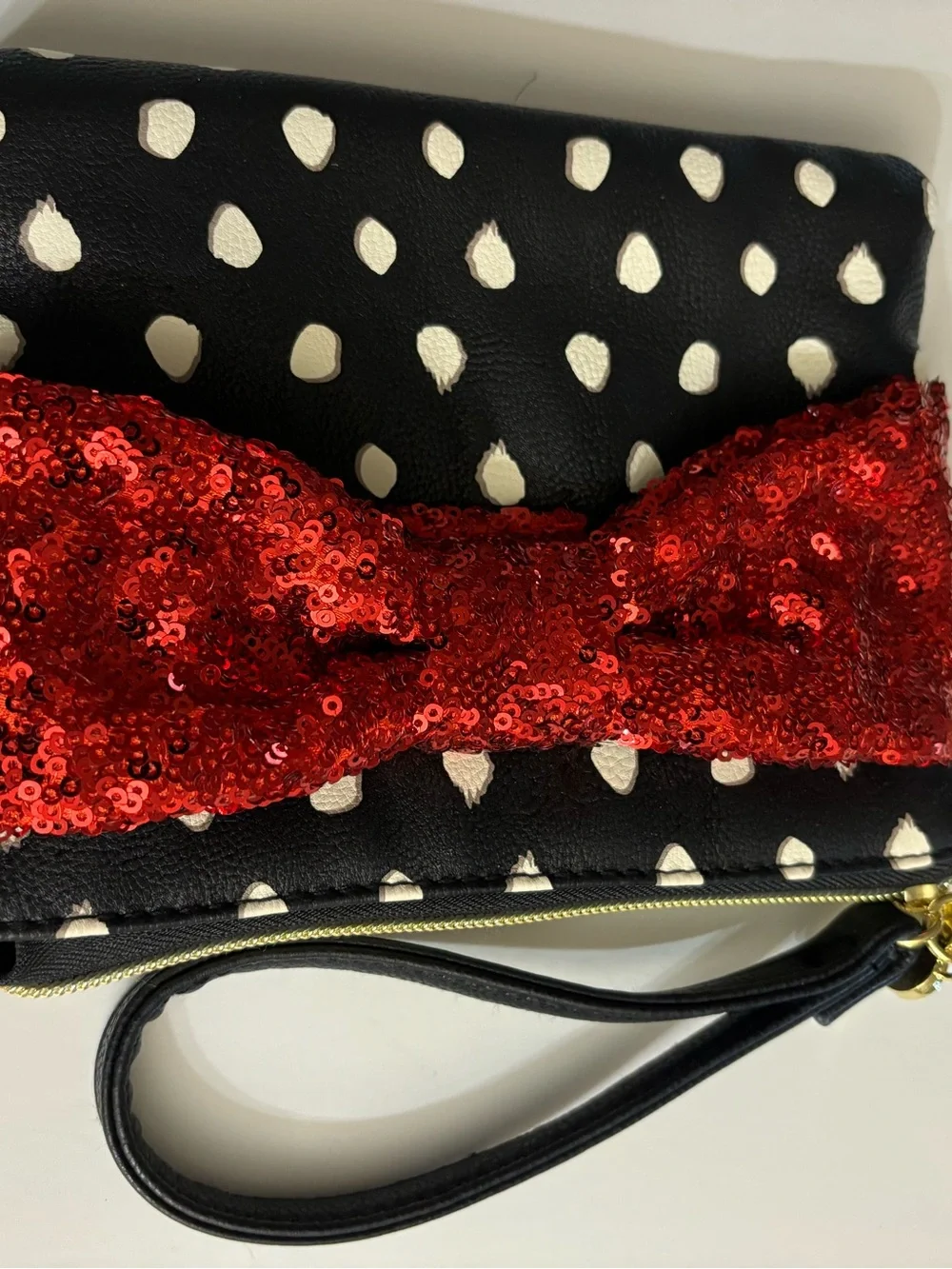 Betsey Johnson Black and White Polka Dot Wristlet with Red Sequined Bow NWOT